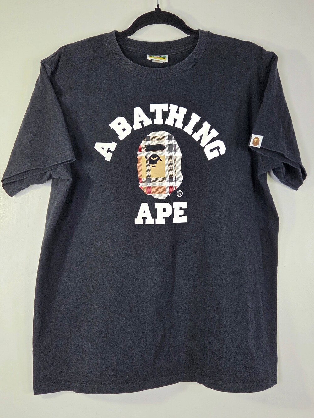 VINTAGE BAPE A BATHING APE HERITAGE PLAID PATTERN COLLEGE TEE.